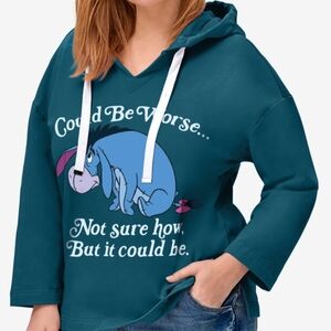 Disney Womens Eeyore V-neck Sweatshirt Character Hoodie Teal Shirt Size Small